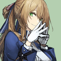 Rule 34 | 1girl, banned artist, blue jacket, breasts, girls&#039; frontline, gloves, green background, green eyes, hair between eyes, hair ribbon, hair rings, highres, jacket, long hair, long sleeves, looking at viewer, mikoto (oi plus), parted lips, ponytail, ribbon, simple background, solo, springfield (girls&#039; frontline), steepled fingers, upper body, white gloves