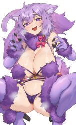 Rule 34 | 1girl, absurdres, animal ears, blush, cameltoe, cat ears, cleft of venus, cosplay, elbow gloves, fang, fate/grand order, fate (series), fur-trimmed gloves, fur-trimmed legwear, fur-trimmed thighhighs, fur bikini, fur collar, fur trim, gloves, highres, hololive, jknor, mash kyrielight, mash kyrielight (dangerous beast), mash kyrielight (dangerous beast) (cosplay), medium hair, nekomata okayu, purple eyes, purple gloves, purple hair, purple tail, purple thighhighs, revealing clothes, smile, squatting, tail, thighhighs, virtual youtuber, white background, wolf tail