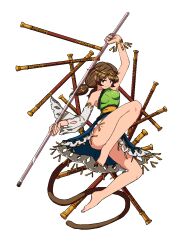 Rule 34 | 1girl, ass, bare legs, bare shoulders, brown hair, circlet, detached sleeves, dress, full body, holding, holding test tube, looking at viewer, low twintails, monkey tail, multicolored clothes, multicolored dress, red eyes, ruyi jingu bang, shishi osamu, single-shoulder dress, single detached sleeve, smile, solo, son biten, staff (weapon), tail, test tube, touhou, twintails, upskirt, white background