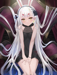 Rule 34 | 1girl, animal ears, armchair, azur lane, bare arms, bare shoulders, black dress, black ribbon, blue hairband, breasts, chair, closed mouth, commentary request, covered collarbone, dress, feet out of frame, habu rin, hair ribbon, hairband, highres, long hair, looking at viewer, on chair, rabbit ears, ribbon, shimakaze (azur lane), sitting, sleeveless, sleeveless dress, small breasts, smile, solo, very long hair, white hair, yellow eyes