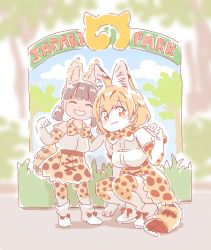 Rule 34 | 10s, 2girls, :3, ^ ^, animal ears, black hair, blonde hair, blurry, blurry background, blush stickers, bow, bowtie, child, closed eyes, commentary request, cosplay, elbow gloves, extra ears, closed eyes, fake animal ears, gloves, grin, japari symbol, kemono friends, looking at viewer, mitsumoto jouji, multiple girls, paw pose, print gloves, print legwear, print skirt, serval (kemono friends), serval (kemono friends) (cosplay), serval print, serval tail, short hair, skirt, smile, squatting, tail, thighhighs, yellow eyes