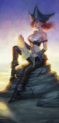 Rule 34 | 1girl, bare shoulders, breasts, detached sleeves, hat, high heels, katie de sousa, league of legends, long hair, map, midriff, navel, pirate hat, red hair, miss fortune (league of legends), shoes, sitting, solo