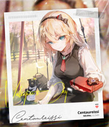 Rule 34 | 1girl, black cat, black dress, blonde hair, blue eyes, box, breasts, cat, centaureissi (neural cloud), character name, copyright name, dress, g36 (girls&#039; frontline), gift, gift box, girls&#039; frontline, girls&#039; frontline neural cloud, hair between eyes, hairband, highres, holding, holding gift, imoko (imonatsuki), looking at viewer, medium breasts, official art, outdoors, polaroid, sitting, smile, solo, swing set, valentine