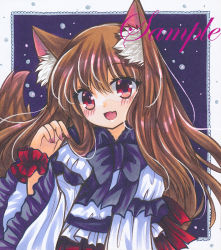 Rule 34 | 1girl, :d, animal ear fluff, animal ears, blush, border, bow, bowtie, brown hair, dot nose, dress, fang, frilled cuffs, frilled dress, frills, hair between eyes, hand up, holding, holding hair, imaizumi kagerou, layered dress, long hair, long sleeves, looking at viewer, marker (medium), multicolored clothes, multicolored dress, nail polish, open mouth, outside border, purple background, purple bow, purple bowtie, purple dress, red dress, red eyes, red nails, red ribbon, ribbon, rui (sugar3), sample watermark, shikishi, skin fang, smile, solo, standing, star (symbol), starry background, tail, touhou, traditional media, upper body, watermark, white border, white dress, wide sleeves, wolf ears, wolf tail, wrist cuffs
