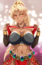 Rule 34 | 1girl, absurdres, akuron (acllon), bare shoulders, blonde hair, bracelet, breasts, circlet, cleavage, dark-skinned female, dark skin, earrings, high ponytail, highres, jewelry, large breasts, long hair, looking at viewer, navel, o-ring, open mouth, parted bangs, ponytail, sasha (sennen sensou aigis), sennen sensou aigis, solo, standing, tan, tongue, tongue out, very long hair, yellow eyes