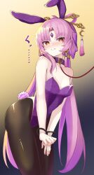 Rule 34 | absurdres, animal ears, ass, black pantyhose, blush, bow-shaped hair, collar, cuffs, excella (delltothu), fake animal ears, fake tail, forehead jewel, fu xuan (honkai: star rail), grimace, handcuffs, highres, honkai: star rail, honkai (series), leash, leotard, long hair, low twintails, nose blush, orange eyes, pantyhose, pink hair, playboy bunny, rabbit ears, rabbit tail, sweatdrop, tail, tassel, twintails, very long hair
