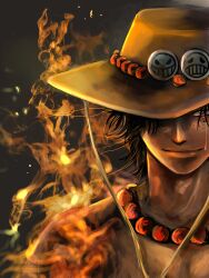 Rule 34 | 1boy, bead necklace, beads, black hair, closed mouth, commentary request, cowboy hat, crying, crying with eyes open, fire, freckles, hat, hat over one eye, jewelry, looking at viewer, male focus, necklace, newhamanoya, one eye covered, one piece, portgas d. ace, short hair, smile, solo, tears
