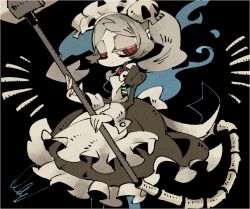 Rule 34 | 1girl, apron, black background, bloody marie (skullgirls), brooch, dress, frilled apron, frilled dress, frills, hair ornament, half-closed eyes, jewelry, maid headdress, red eyes, skull hair ornament, skullgirls, solo, vacuum cleaner, yamada9000