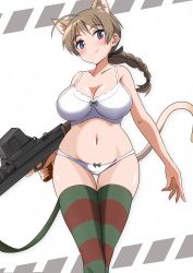 Rule 34 | 1girl, absurdres, anti-materiel rifle, blue eyes, blush, bra, braid, braided ponytail, breasts, brown hair, cleavage, closed mouth, groin, gun, highres, large breasts, looking at viewer, lynette bishop, navel, panties, ponytail, rifle, rigle, single braid, smile, sniper rifle, solo, strike witches, striped clothes, striped thighhighs, thighhighs, tricky 46, underwear, underwear only, weapon, white bra, white panties, world witches series