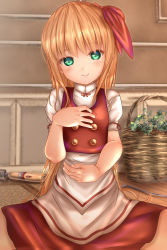 Rule 34 | apron, blonde hair, blush, bow, buttons, clip studio paint (medium), closed eyes, commentary request, ellen (touhou), green eyes, hair bow, hairband, highres, long hair, puffy short sleeves, puffy sleeves, red hairband, red ribbon, red skirt, red vest, ribbon, sex toy, shirt, short sleeves, shounen (hogehoge), sitting, skirt, smile, spread legs, touhou, touhou (pc-98), turtleneck, very long hair, vest, waist apron, white apron, white bow, white shirt