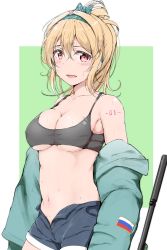 Rule 34 | blonde hair, blush, bow, breasts, denim, denim shorts, girls&#039; frontline, green background, gun, hair bow, highres, jacket, large breasts, long hair, looking at viewer, number tattoo, ponytail, red eyes, russian flag, shorts, simple background, smile, sports bra, sv-98 (girls&#039; frontline), sweat, tattoo, undressing, weapon, white background