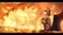 Rule 34 | 1girl, autumn, autumn leaves, branch, brown eyes, brown hair, chiyoda (kancolle), falling leaves, floral print, geta, hand on knees, hand on own chin, headband, highres, japanese clothes, kantai collection, kimono, kneeling, leaf, letterboxed, looking up, medium hair, signature, smile, solo, tree, under tree, yukata