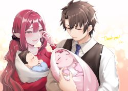 Rule 34 | 2boys, 2girls, absurdres, baby, baobhan sith (fate), bib, black hair, blush, breasts, brother and sister, family, fate/grand order, fate (series), father and daughter, father and son, fujimaru ritsuka (male), grey eyes, hair ornament, hair scrunchie, highres, ichi kq, if they mated, medium breasts, mother and daughter, mother and son, multiple boys, multiple girls, necktie, open mouth, pointy ears, red hair, red shirt, scrunchie, shirt, siblings, signature, simple background, smile, tearing up, tears
