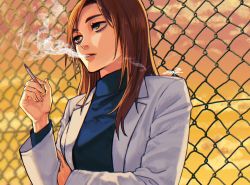 Rule 34 | 1000 (user 1527793), 1girl, blue shirt, breasts, brown eyes, brown hair, chain-link fence, cigarette, cloud, cloudy sky, coat, commentary, dusk, eyelashes, eyeshadow, fence, highres, holding, holding cigarette, ieiri shoko, jujutsu kaisen, lab coat, lips, long hair, long sleeves, makeup, medium breasts, mole, mole under eye, open clothes, open coat, orange sky, outdoors, parted bangs, parted lips, shirt, signature, sky, smoking, solo, straight hair, symbol-only commentary, turtleneck, upper body, white coat