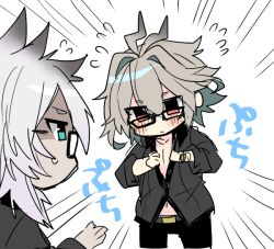 Rule 34 | 2boys, alternate costume, chibi, cosplay, fate/apocrypha, fate/grand order, fate (series), flying sweatdrops, glasses, gradient hair, grey hair, haoro, long hair, male focus, multicolored hair, multiple boys, name connection, sieg (fate), siegfried (fate), siegfried (fate) (cosplay), siegfried (super cool biz) (fate), simple background, sketch, white background