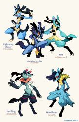Rule 34 | black eyes, character name, commentary, creature, creatures (company), english commentary, english text, full body, furry, fusion, game freak, gen 2 pokemon, gen 4 pokemon, gen 5 pokemon, highres, houndoom, looking at viewer, lucario, mienshao, multiple fusions, nintendo, onemegawatt, pink eyes, pokemon, pokemon (creature), red eyes, scrafty, signature, simple background, standing, white background, yellow eyes, zebstrika