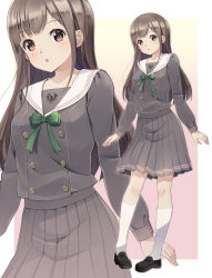 Rule 34 | 1girl, :o, black footwear, blush, bow, bowtie, brown eyes, brown hair, commentary request, green bow, green bowtie, grey serafuku, grey shirt, grey skirt, highres, kneehighs, loafers, long hair, long sleeves, looking at viewer, original, parted lips, pink background, pleated skirt, school uniform, serafuku, shirt, shoes, skirt, socks, solo, two-tone background, very long hair, white background, white socks, yoshino ryou, zoom layer