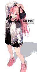 Rule 34 | 1girl, absurdres, alternate costume, alternate hairstyle, arm up, black shirt, black shorts, black socks, character name, cross-laced footwear, english text, floral print, full body, genshin impact, hair between eyes, high ponytail, highres, jacket, long hair, long sleeves, looking at viewer, looking up, motto (night wear), open clothes, open jacket, parted lips, pink footwear, pink hair, ponytail, purple eyes, shadow, shirt, shoes, shorts, sidelocks, simple background, smile, socks, white background, white jacket, yae miko