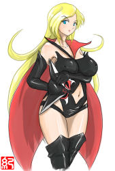 Rule 34 | 1girl, artist request, bare shoulders, blonde hair, blue eyes, boots, breasts, cape, cleavage, cowboy shot, cropped legs, doronjo, elbow gloves, gloves, large breasts, leotard, long hair, looking at viewer, mask, unworn mask, red lips, simple background, smile, solo, standing, tagme, thigh boots, thighhighs, very long hair, white background, yatterman