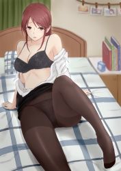 Rule 34 | 1mm (norizo), :o, arm support, black bra, black panties, black pantyhose, black skirt, blanket, blush, book, bra, breasts, cleavage, clock, clothes lift, collarbone, curtains, floral print, highres, idolmaster, idolmaster cinderella girls, knee up, light blush, looking at viewer, medium breasts, mifune miyu, on bed, open clothes, open mouth, open shirt, panties, panties under pantyhose, pantyhose, photo (object), pillow, red eyes, red hair, see-through, shirt, sidelocks, sitting, skirt, skirt lift, solo, underwear, white shirt