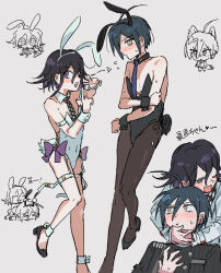 2boys ahoge animal_ears bare_shoulders beluckylucky black_hair black_leotard black_pantyhose blush bow checkered_necktie chibi commentary covered_navel crossdressing danganronpa_(series) danganronpa_v3:_killing_harmony detached_collar embarrassed fake_animal_ears fake_tail flipped_hair grey_background hair_between_eyes heart height_difference high_heels highleg highleg_leotard highres hug hug_from_behind leotard looking_at_viewer male_focus male_playboy_bunny medium_hair multiple_boys necktie oma_kokichi one_eye_closed pantyhose pectoral_cleavage pectorals playboy_bunny purple_eyes purple_hair purple_ribbon rabbit_ears rabbit_tail ribbon saihara_shuichi short_hair shy sketch strapless strapless_leotard sweatdrop tail thigh_strap trap v waist_bow white_leotard wrist_cuffs