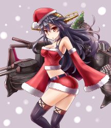 Rule 34 | 10s, 1girl, :o, ass, bare shoulders, black hair, black thighhighs, blush, breasts, choker, christmas, detached sleeves, from side, fur trim, haruna (kancolle), hat, headgear, kantai collection, long hair, looking at viewer, machinery, red eyes, santa costume, santa hat, sleeves past wrists, snow, solo, sumapan, thighhighs