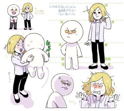Rule 34 | 2boys, anger vein, black pants, blonde hair, character sheet, clenched teeth, crossed arms, hand on own hip, height chart, height difference, highres, james (line), line (naver), male focus, moon (line), multiple boys, necktie, nervous sweating, pale skin, pants, sparkle, sweat, teeth, tendoshi