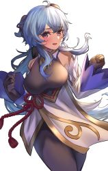 Rule 34 | 1girl, bare shoulders, blue hair, blush, breasts, cowbell, cowboy shot, ganyu (genshin impact), genshin impact, gloves, half-closed eyes, highres, horns, long sleeves, looking at viewer, open mouth, owaowa no mi, purple eyes, simple background, solo, white background