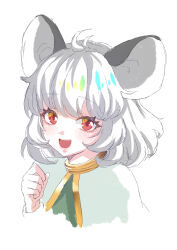 Rule 34 | 0002koko, 1girl, :d, absurdres, ahoge, animal ears, blush, capelet, clenched hand, close-up, commentary request, cropped torso, eyelashes, grey hair, hair between eyes, hand up, happy, highres, looking at viewer, medium hair, mouse ears, mouse girl, nazrin, open mouth, red eyes, simple background, smile, solo, teeth, touhou, tsurime, upper teeth only, white background