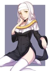 Rule 34 | 1girl, breasts, collarbone, commentary request, fate/grand order, fate (series), grey background, kaname (melaninusa09), large breasts, long sleeves, looking at viewer, multicolored hair, nail polish, nun, pink nails, sessyoin kiara, simple background, solo, thighhighs, two-tone hair, white background, white headwear, white thighhighs, wide sleeves, yellow eyes