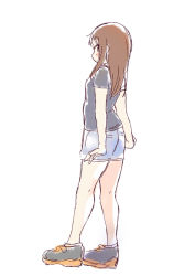 Rule 34 | 1girl, blush, brown eyes, brown hair, closed mouth, commentary request, denim, denim shorts, facing away, grey shirt, long hair, looking at viewer, looking back, okano kei, shirt, short sleeves, shorts, simple background, solo, standing, tatsunokosso, white background, yuyushiki