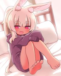 Rule 34 | 1girl, :d, animal ear fluff, animal ears, bare legs, barefoot, blonde hair, blush, collar, commentary request, etrian odyssey, fang, half-closed eyes, heart, heart-shaped pupils, highres, hood, hood down, hoodie, knees up, long hair, long sleeves, looking at viewer, masurao (sekaiju), masurao 2 (sekaiju), naga u, on bed, open mouth, pillow, ponytail, purple eyes, purple hoodie, rabbit ears, red collar, sekaiju no meikyuu, sekaiju no meikyuu 5, short eyebrows, sidelocks, sitting, sleeves past fingers, sleeves past wrists, smile, solo, symbol-shaped pupils, tan, thick eyebrows, very long hair