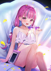 Rule 34 | 1girl, :d, ahoge, bare arms, bare shoulders, bikini, blue hair, braid, breasts, cellphone, clam, cleavage, collarbone, commentary request, earrings, feet out of frame, gem, hair intakes, hand up, heart, heart-shaped eyewear, highres, holding, holding removed eyewear, hololive, jewelry, knees up, long hair, looking at viewer, low twintails, medium breasts, minato aqua, momoshiki tsubaki, multicolored hair, open mouth, pearl (gemstone), petals, phone, pink hair, purple-tinted eyewear, purple eyes, sitting, smile, solo, streaked hair, stud earrings, sunglasses, swimsuit, tinted eyewear, twin braids, twintails, unworn eyewear, very long hair, virtual youtuber, white bikini