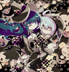 Rule 34 | 1boy, 1girl, ahoge, black coat, black headwear, black shirt, black thighhighs, blue eyes, blue hair, blush stickers, bow, breasts, checkered bow, checkered clothes, checkered ribbon, coat, commentary, dress, english commentary, hair bow, hand on another&#039;s arm, hat, hat bow, ikurumi amane, ikurumi umika, large breasts, light blue hair, long hair, long sleeves, multicolored bow, multicolored ribbon, multiple hair bows, one eye closed, open clothes, open coat, orange eyes, original, ribbon, shirt, single blush sticker, smile, star (symbol), sweat, thighhighs, usagi nui, white dress, witch hat, yellow eyes