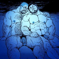 Rule 34 | 2boys, abs, afterglow, arm hair, bara, beard, beard stubble, blue theme, buzz cut, chest hair, completely nude, couple, facial hair, feet out of frame, flaccid, glasses, goatee, hairy, hand on another&#039;s shoulder, happy, heads together, jiraiya (mangaka), knuckle hair, large pectorals, leg hair, long sideburns, male focus, male pubic hair, mature male, multiple boys, muscular, muscular male, mustache stubble, navel, navel hair, nipples, nude, original, pectorals, penis, pubic hair, short hair, sideburns, sitting, stomach, strongman waist, stubble, thick eyebrows, thick thighs, thighs, veins, veiny penis, very short hair, yaoi