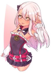 Rule 34 | &gt;:p, 1girl, :p, bare shoulders, belt, black dress, black ribbon, blush, breasts, chawan (yultutari), chloe von einzbern, cosplay, cropped legs, dark-skinned female, dark skin, detached collar, detached sleeves, dress, fate/grand order, fate/kaleid liner prisma illya, fate (series), frilled dress, frills, hair between eyes, hair ribbon, helena blavatsky (fate), helena blavatsky (fate) (cosplay), highres, long hair, looking at viewer, one side up, pink hair, red belt, ribbon, short dress, simple background, small breasts, smile, solo, strapless, tongue, tongue out, v, v-shaped eyebrows, white ribbon, yellow eyes