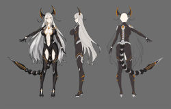 Rule 34 | 1girl, bad id, bad pixiv id, black bodysuit, bodysuit, breasts, center opening, character sheet, chest jewel, chong wuxin, commentary request, female focus, full body, grey background, grin, high heels, highres, horns, large breasts, long hair, looking at viewer, mechanical tail, multiple views, orange eyes, original, pale skin, scar, scar on neck, simple background, skin tight, smile, stitches, tail, very long hair, white hair