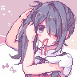 Rule 34 | 1girl, 4 74obake, ame-chan (needy girl overdose), arms up, black ribbon, closed mouth, collared shirt, commentary request, hair over one eye, hands in hair, highres, holding, holding own hair, long hair, looking at viewer, mouth hold, neck ribbon, needy girl overdose, pixel art, purple eyes, purple hair, red shirt, ribbon, ribbon in mouth, shirt, solo, suspenders, tying hair, upper body