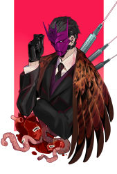 Rule 34 | 1boy, badge, blood, decepticon, elapuse, feathers, formal, gloves, highres, humanization, insignia, male focus, mask, necktie, organs, personification, solo, suit, tarn, transformers