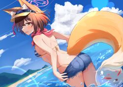 Rule 34 | 1girl, :d, absurdres, animal ear fluff, animal ears, ass, back, bare shoulders, beach, bikini, blue archive, blue sky, blush, breasts, brown hair, cloud, commentary, cutoffs, day, denim, denim shorts, fox ears, fox girl, fox tail, from behind, hair ornament, halo, highleg, highleg bikini, highres, izuna (blue archive), izuna (swimsuit) (blue archive), kuroliu 9021, looking at viewer, looking back, medium breasts, micro shorts, open mouth, outdoors, pink scarf, pom pom (clothes), pom pom hair ornament, red scarf, scarf, short hair, shorts, sky, smile, solo, standing, striped bikini, striped clothes, swimsuit, tail, visor cap, wading, water, yellow eyes
