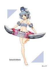Rule 34 | 1girl, animal, animal on head, barefoot, bikini, black ribbon, blue hair, character name, commentary request, dixie cup hat, double bun, fang, full body, hair bun, hat, highres, inflatable armbands, innertube, kantai collection, lifebuoy, little blue whale (kancolle), looking at viewer, military hat, navy cross, on head, porco1127, ribbon, samuel b. roberts (kancolle), see-through, short hair, sleeve cuffs, smile, solo, star (symbol), striped bikini, striped clothes, swim ring, swimsuit, two-tone background, whale, white background, white hat, yellow eyes