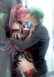 Rule 34 | 1boy, 1girl, against wall, ass, ass grab, bare shoulders, black gloves, breasts, byleth (fire emblem), byleth (male) (fire emblem), cleavage, cleavage cutout, clothing cutout, couple, enlightened byleth (male), fire emblem, fire emblem: three houses, gloves, green hair, hair intakes, hand on wall, hetero, highres, hilda valentine goneril, kiss, long hair, medium breasts, nintendo, pink hair, puffy sleeves, spykeee, thighhighs, thighs, twintails, twitter username, watermark