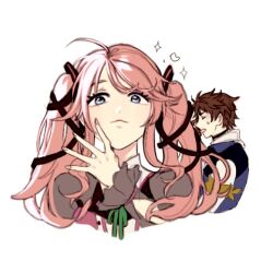 Rule 34 | 1boy, 1girl, blue eyes, brown hair, closed eyes, closed mouth, commentary, eiyuu densetsu, english commentary, eyelashes, kuro no kiseki, kuro no kiseki ii, long hair, nadia rayne, open mouth, pink hair, reronart, short hair, simple background, sketch, smug, sparkle, sweat, swin abel, twintails, white background