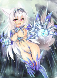 Rule 34 | 1girl, animal ears, areola slip, armor, bikini armor, breasts, fang, long hair, looking at viewer, medium breasts, navel, original, pink eyes, silver hair, solo, tail, unname, very long hair, wolf ears, wolf girl, wolf tail
