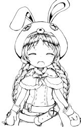 Rule 34 | 1girl, animal ears, animal hat, belt, braid, child, closed eyes, coat, fake animal ears, female focus, greyscale, hairband, hat, hinainf, long braid, long hair, mittens, monochrome, open mouth, rabbit hat, solo, standing, twin braids, white background