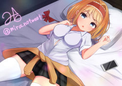 Rule 34 | 1girl, alice margatroid, alternate costume, bed, black skirt, blonde hair, blue eyes, blush, bow, breasts, brown jacket, cellphone, collar, collared shirt, hair between eyes, hairband, jacket, looking at viewer, lying, medium breasts, miniskirt, miramira1908, open mouth, phone, pillow, plaid, plaid skirt, red bow, red hairband, shadow, shirt, short hair, short sleeves, skirt, smartphone, solo, thighhighs, touhou, white shirt, white thighhighs