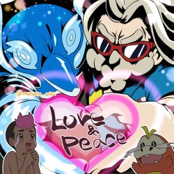 Rule 34 | 2boys, :d, beard, blonde hair, blue shirt, blush, commentary request, creatures (company), crying, dark-skinned male, dark skin, facial hair, fuecoco, game freak, hands up, happy tears, heart, heart hands, heart hands duo, ludlow (pokemon), male focus, matsuno opa, multicolored hair, multiple boys, nintendo, open mouth, palafin, pokemon, pokemon (anime), pokemon (creature), pokemon horizons, red-framed eyewear, roy (pokemon), shirt, short hair, short sleeves, smile, streaming tears, sunglasses, tears, topless male, twitter username, two-tone hair