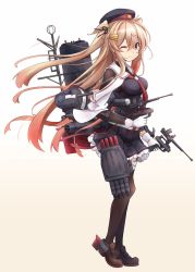 Rule 34 | 1girl, asymmetrical clothes, beret, black hat, black legwear, black serafuku, black skirt, commentary request, frilled skirt, frills, full body, gloves, gradient background, gradient hair, gun, hat, highres, kantai collection, light brown hair, loafers, long hair, machinery, minosu, multicolored hair, murasame (kancolle), murasame kai ni (kancolle), neckerchief, pleated skirt, red eyes, red neckerchief, sailor collar, school uniform, serafuku, shoes, skirt, solo, standing, torpedo launcher, two side up, weapon, white background, white gloves, white sailor collar