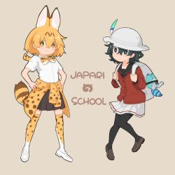 Rule 34 | 2girls, :3, adapted costume, animal ears, backpack, bag, black hair, blonde hair, blue eyes, blush, bow, bowtie, clothes around waist, collared shirt, commentary request, hands on own hips, highres, holding strap, kaban (kemono friends), kemono friends, loafers, long sleeves, lucky beast (kemono friends), multicolored hair, multiple girls, pantyhose, pleated skirt, print legwear, print neckwear, sailor collar, school uniform, serval (kemono friends), serval print, serval tail, shirt, shoes, short hair, short sleeves, skirt, sweater, sweater around waist, tail, thighhighs, tuttucom, yellow eyes, zettai ryouiki
