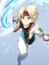 Rule 34 | 1boy, blonde hair, blue eyes, claude c. kenny, closed mouth, gloves, headband, jacket, looking at viewer, male focus, noki (affabile), simple background, solo, star ocean, star ocean the second story